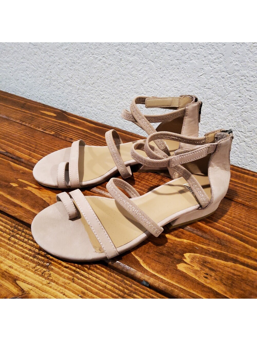 Eileen Fisher Emily Zip Strappy Sandals Sz 7 Nude Beige Leather Minimalist